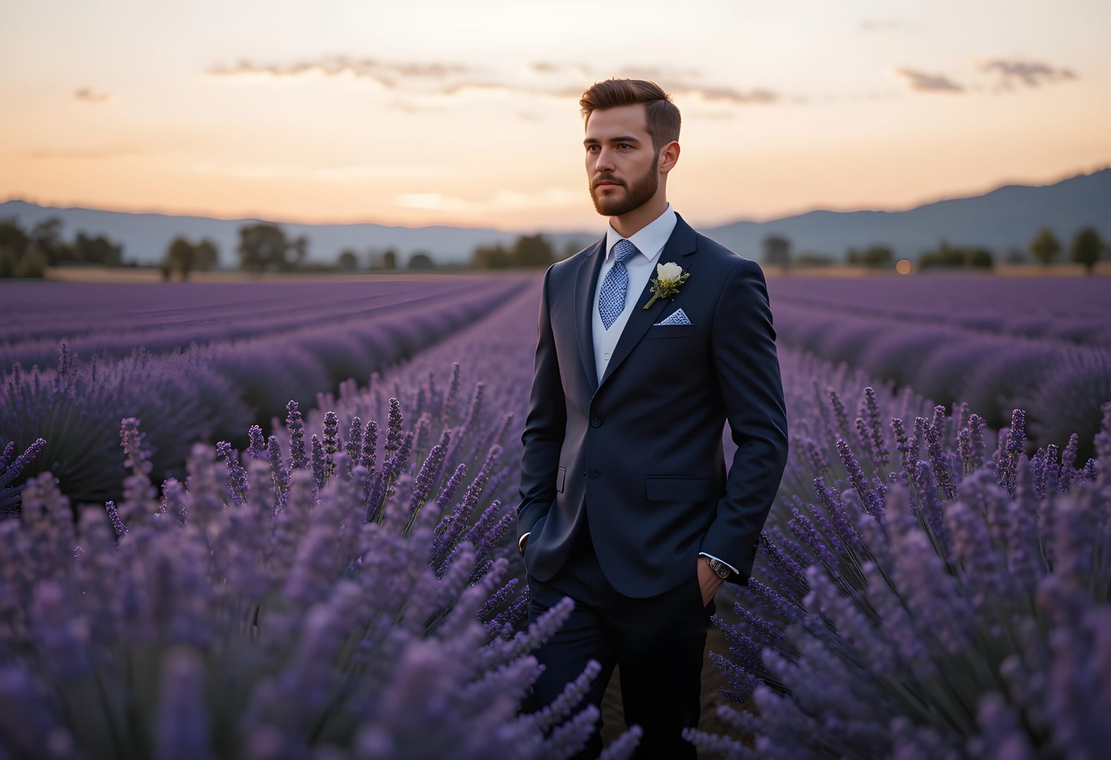 Homme en costume au milieu d'un champ de lavande